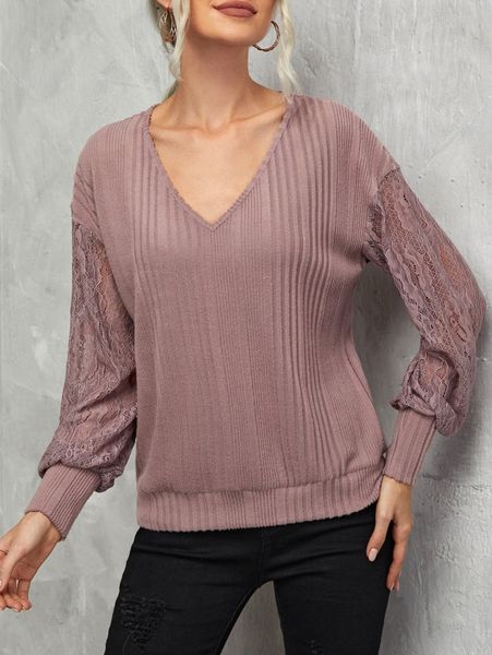 

contrast lace drop shoulder pullover x6tt#, White;black