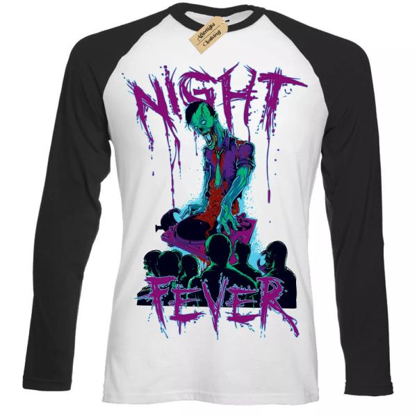 

night fever t-shirt zombie dj rave club mens baseball, White;black
