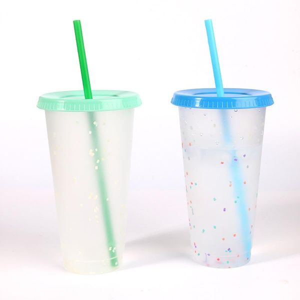 

mugs transparent plastic color changing cup 1/5 700ml reusable cold drink with lid and straw, wedding gift straw