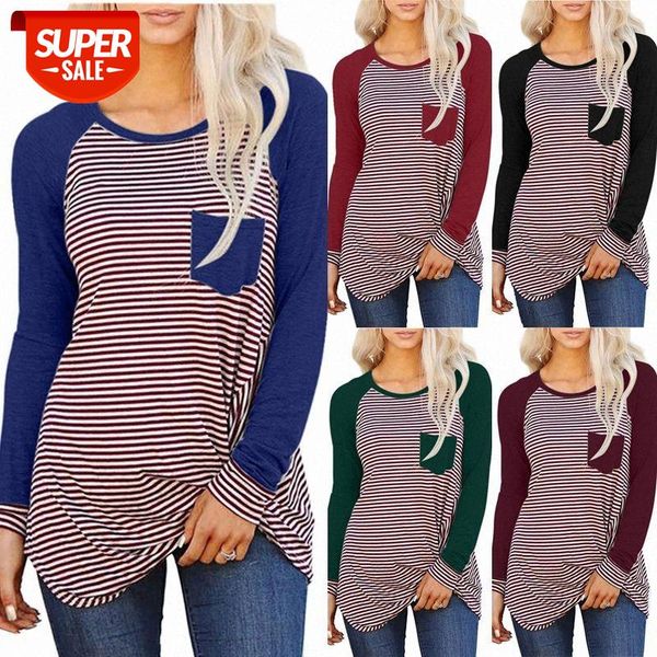 

[in stock]autumn and winter striped stitching long-sleeved t-shirt european american plus size women's clothing #6m8g, White