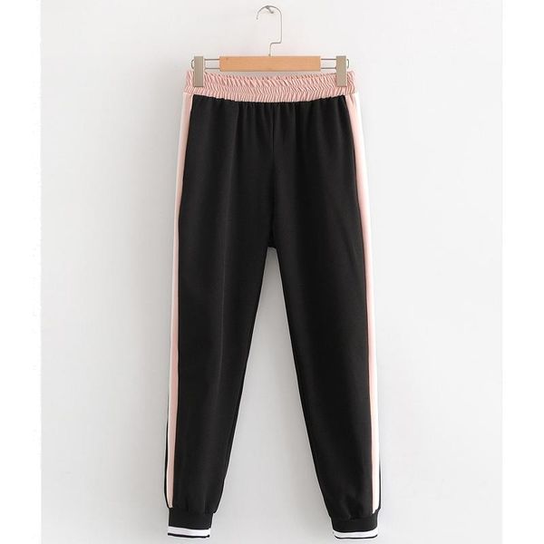 

women's pants & capris women vintage side pink stripe patchwork straight female chic pocket trousers elastic wasit casual ankle length, Black;white