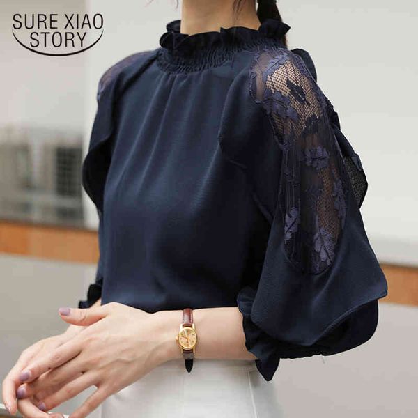 

chiffon blouse spliced shirts solid pullover ladies elegant office loose stand collar lace women blusas 10083 210417, White