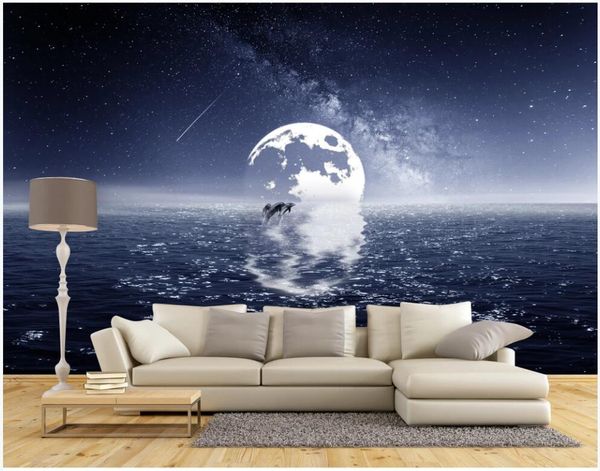 

wallpapers custom mural 3d wall on the modern fashion seascape dolphin and moon reflection po wallpaper in living room