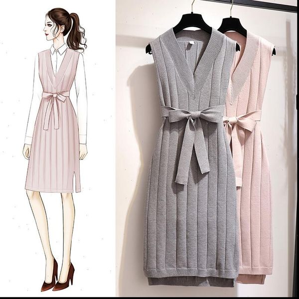 

women dresses elegant sweater autumn v neck striped sashes sleeveless loose knitted casual plus size dress, Black;gray
