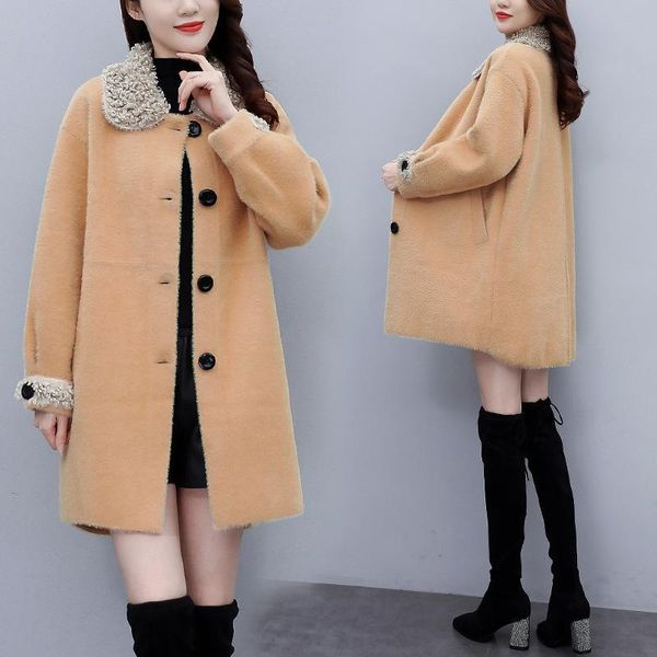 

women's wool & blends winter mink coat women 2021 large wear loose and thin woolen middle long style, Black