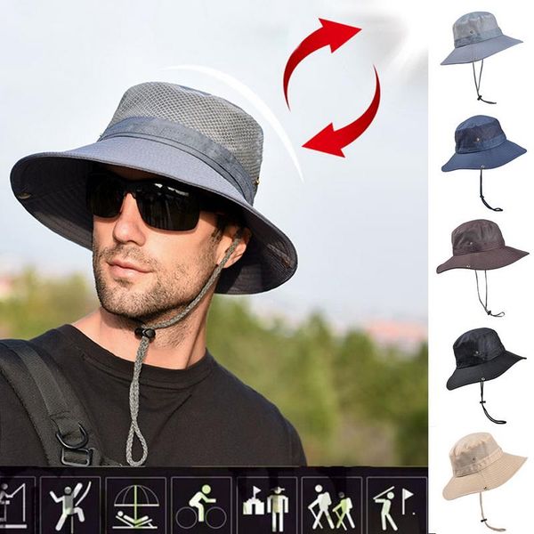 

stingy brim hats 2021 summer hat men mesh bucket fishing hiking cap wide uv protection flap breathable beach outdoor, Blue;gray