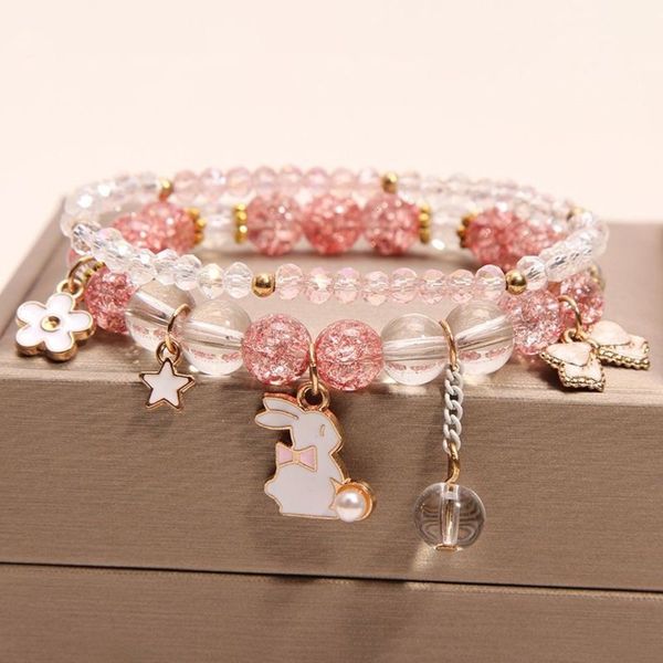 

korean little fresh lovely rabbit flower crystal beaded bracelet, Black