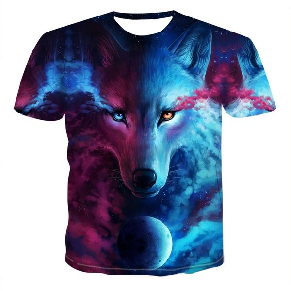 

men's casual 3d red blue double wolf print short sleeve t-shirt, White;black