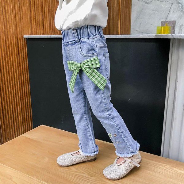 

jeans girls korean style princess fashion kids plaid green bowknot pants children's casual flare bottom clothing cute trousers, Blue
