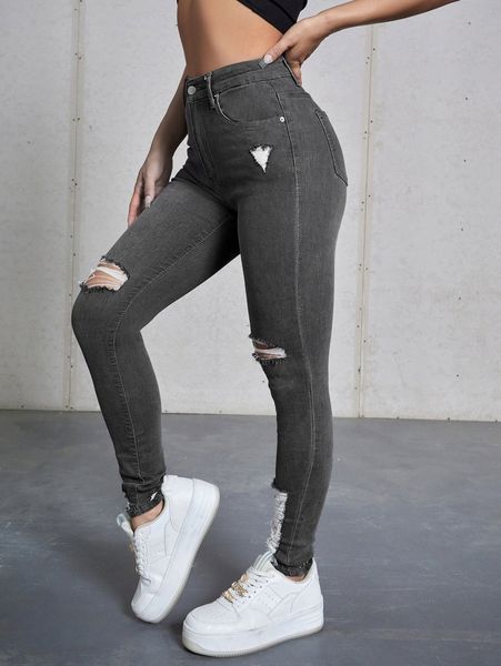 

high waist skinny ripped jeans h96l#, Blue