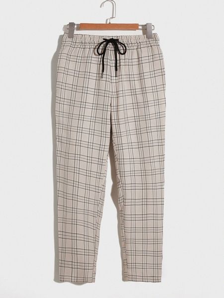 

men plaid drawstring waist pants f24n#, Black