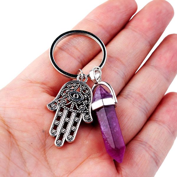 

natural hexagonal column stone keychain women pink quartz opal crystal key chain with evil eye fatima jewelry party friends gift, Silver