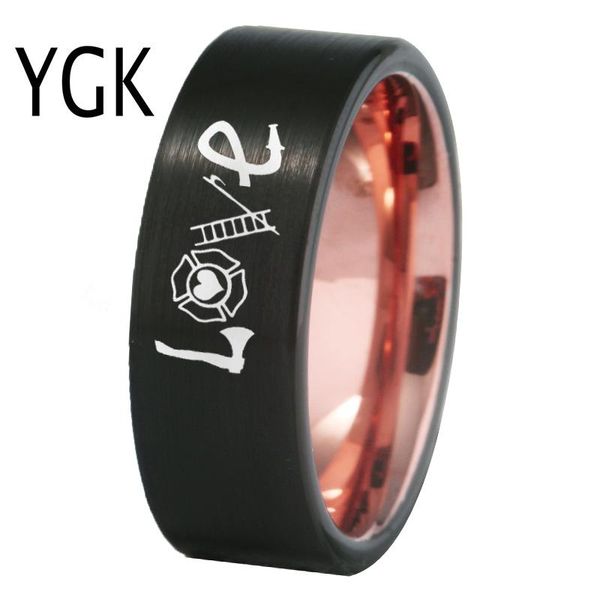 

wedding rings ygk jewelry firefighter fireman love design matte black with rose tungsten ring men's engagement anniversary gift, Slivery;golden