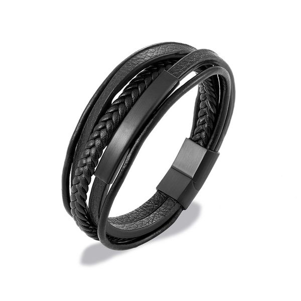 

glamour men's fashion identification classic business casual handmade creative design glossy metal multilayer leather bracelet linka, Black