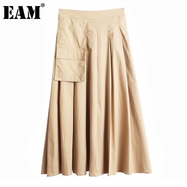 

[eam] high elastic waist khaki pocket irregular pleated casual half-body skirt women fashion spring autumn 1dd7487 21512, Black