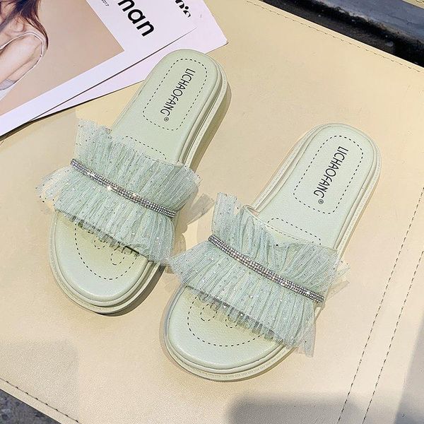 

net yarn rhinestone slippers women 2021 summer red outdoor fashion flat bottom lace soft sole slides flip flops, Black