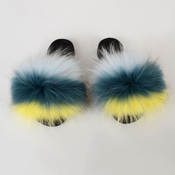 

fashion real raccoon fur slide fluffy sandals summer fur slippers, Black