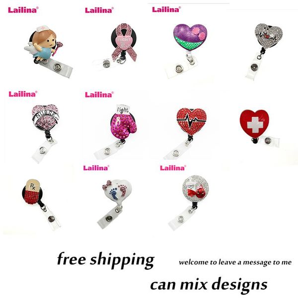 

keychains small order rhinestone enamel heart pink ribbon retractable badge reel holder, Silver