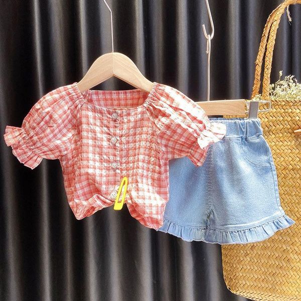 

clothing sets girls plaid shirt dress 1 2 3 4 5 years summer o-neck lantern lace short sleeve + soft shorts kids fashion outfits, White