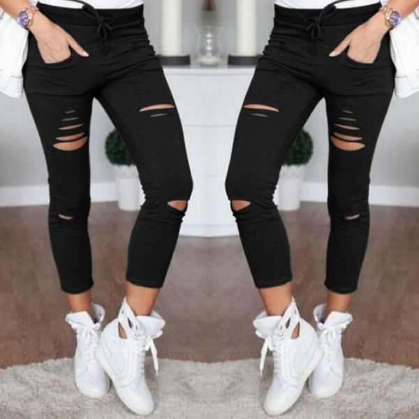 

women's leggings hole casual cropped pencil pants, Black