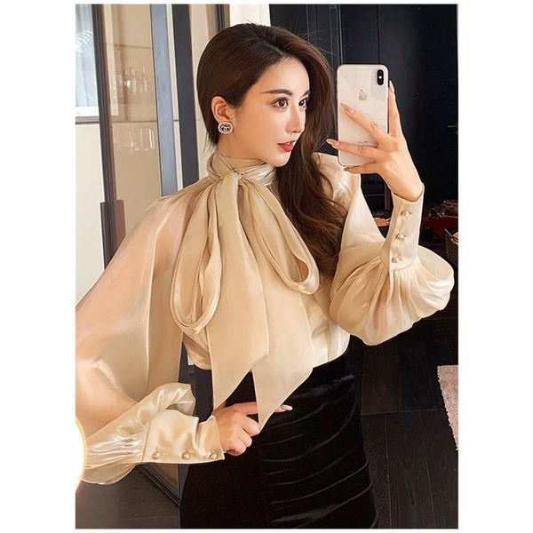 

women's blouses & shirts real s 2021 fall chiffon shirt bandage puff sleeve mesh sunscreen casual slim top, White
