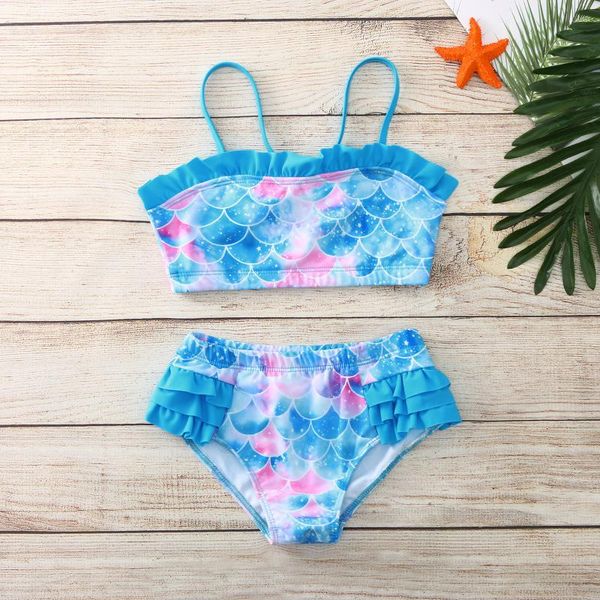 

0-10y girls swimwear two piece toddler baby ruffle scale two-piece swimsuit beach bathing suit children beachwear one-pieces, Black