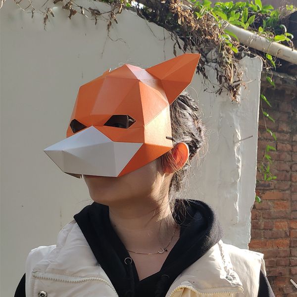 

mascot doll costume 3d paper mold animal orange face fox head mask headgear halloween props woman men party role play dress up diy masks, Red;yellow