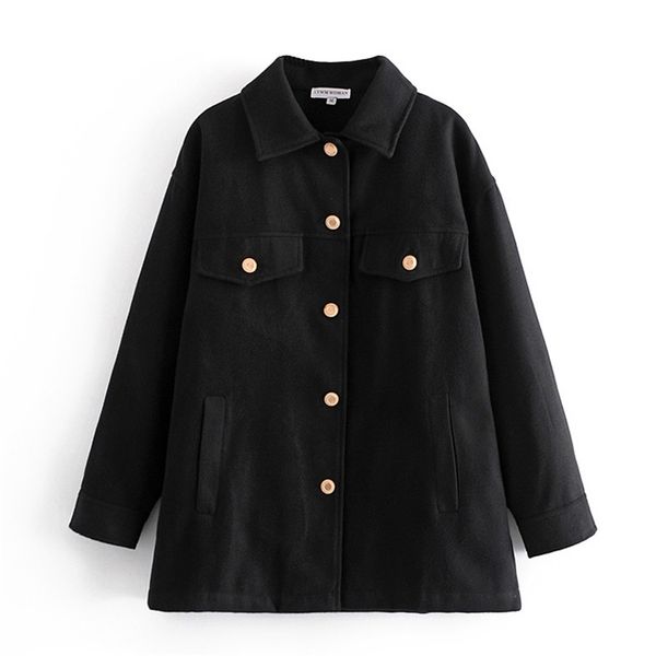 

women autumn casual shirts jackets coats loose long sleeve black woolen pockets female vintage elegant street jacket outerwear 210513, Black;brown