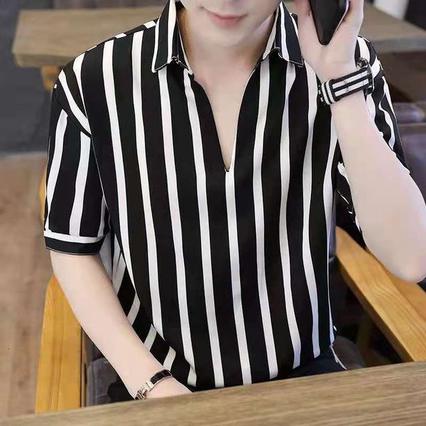 

men's t shirt short thin t-shirt men's ice silk short sleeved t-shirt loose lapel summer coat fashion brand cloth, White;black