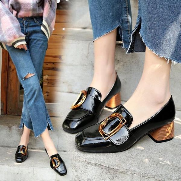 

dress shoes spring 2021 women pump, small leather shoes, square toe, black retro thick and single casual women's