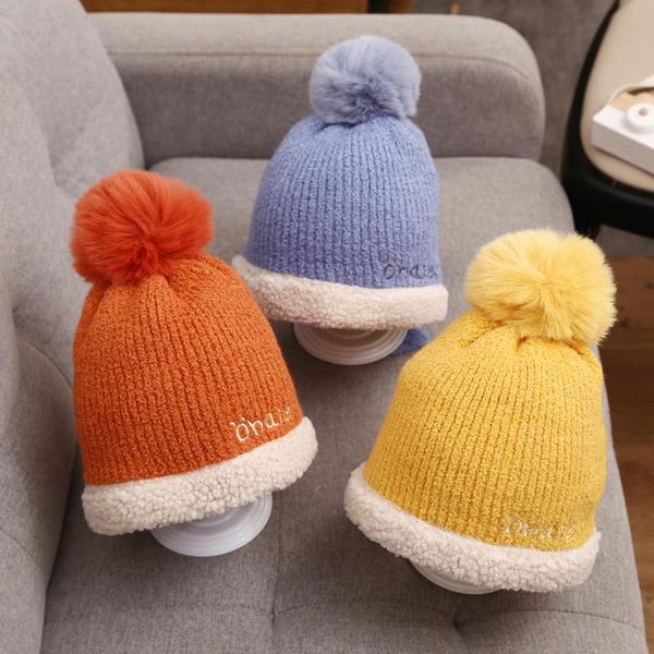 

beanies autumn and winter fashion baby hat fur pompom with button knitting hats keep warm thick cute solid color beanie for kid