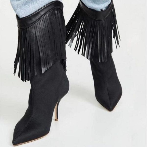 

boots autumn winter tassel women black high heels pointed toe ladies shoes fashion stiletto mid calf zapatos mujer yqac