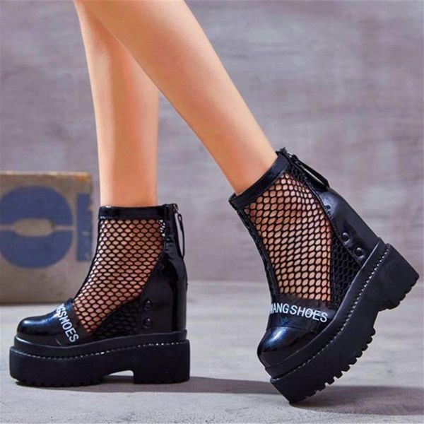 

punk sandals women's leather platform wedge ankle boots high heels round toe party pumps creepers goth shoes, Black