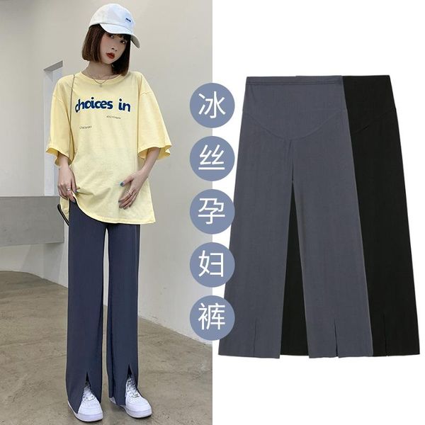

maternity bottoms fashion wide-leg pants for pregnant women tide mothers, summer ice silk thread drape loose outer wear, White