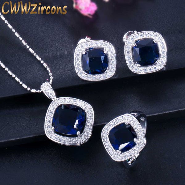 

925 stamp sterling silver dark blue sapphire crystal women necklace jewelry set with cubic zirconia t259 210714