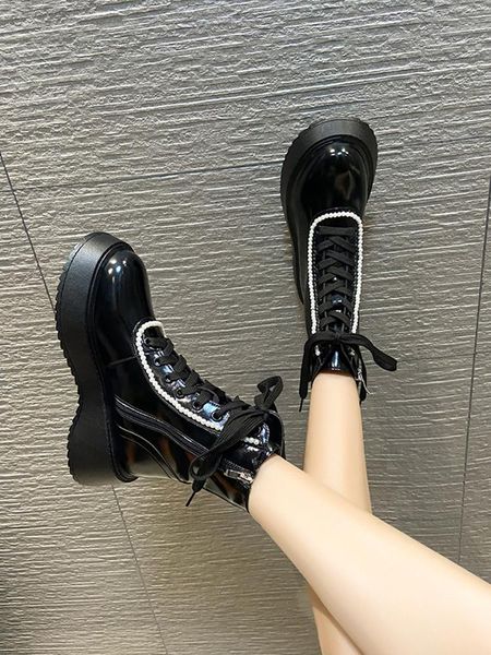 

boots flat heel round toe lady shoes zipper boots-women med autumn lolita rock ankle rubber 2021 fabric pu basic cross-tied ret, Black