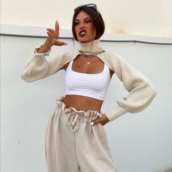 

women sweater female fashion elegant solid color high collar long puff sleeve knitwear pullover for 2021 women's sweaters, White;black