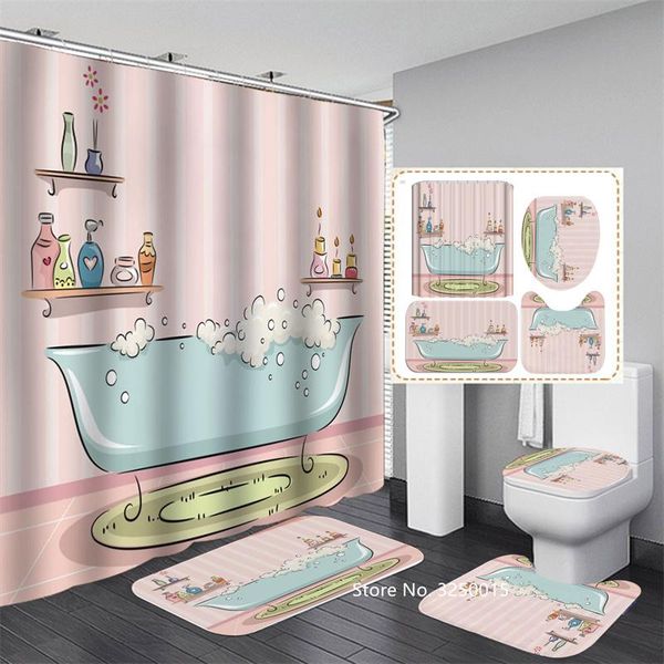 

shower curtains cute pink cartoon bathroom carpet toilet cover cushion waterproof curtain with hook 4-piece girl bathtub decor