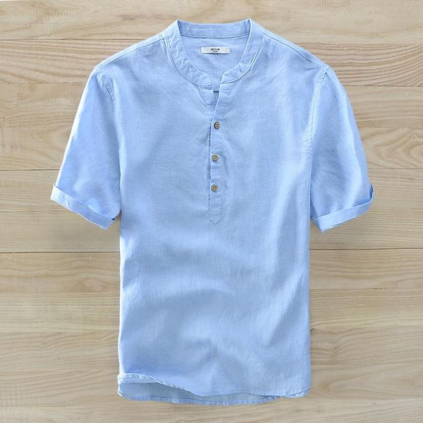 

100% linen stand collar summer shirts men brand blue shirt mens fashion solid for casual breathable male men's, White;black
