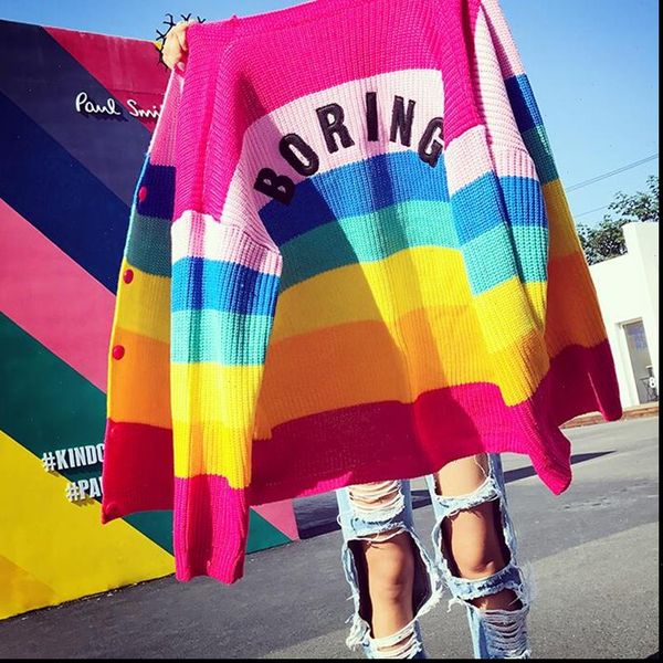 

lazy boring emboridery rainbow striped womens sweaters cardigan oversized long sleeve knit cardigans harajuku outift, White;black