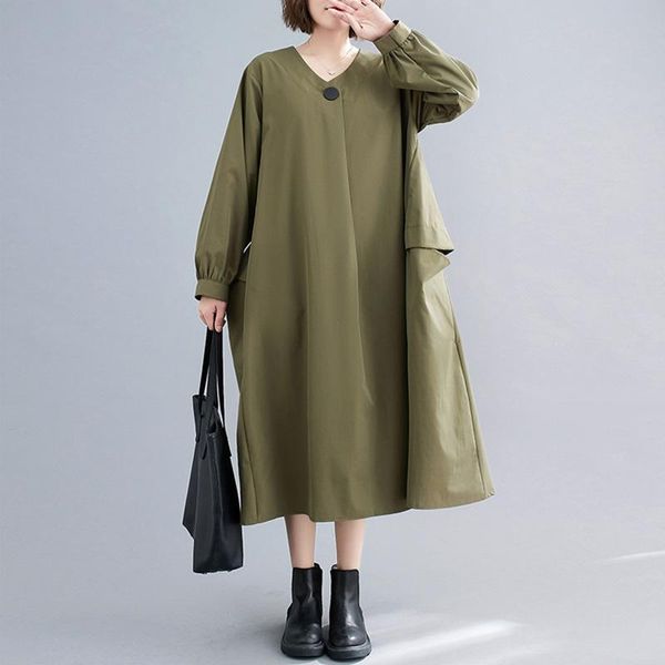 

casual dresses johnature women loose dress polyester v-neck long sleeve button solid color clothes 2021 autumn comfortable soft, Black;gray