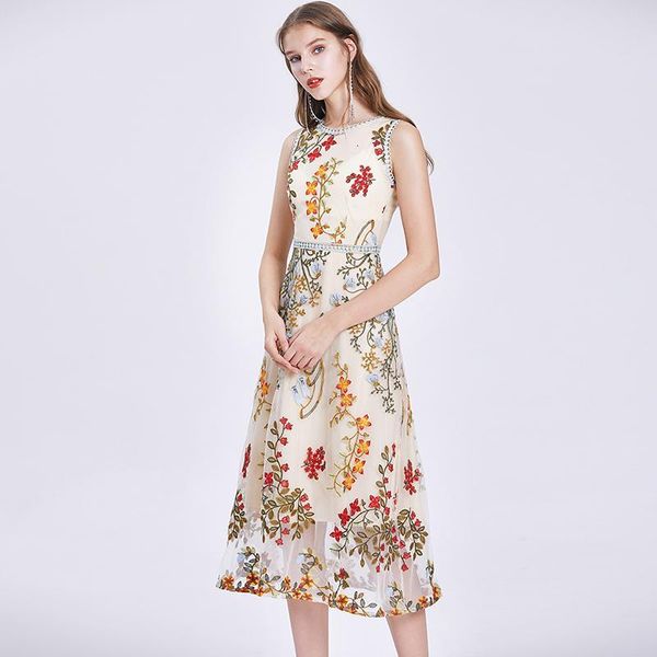 

casual dresses floral embroidery woman dress o-neck female elegant party skirts sleeveless summer slim women lady midi a-line skirt1 x6lz, Black;gray