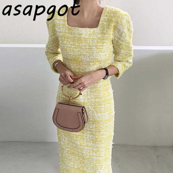 

elegant temperament ol chic french retro slim square neck split tweed dress women straight three quarter sleeve vestidos fall 210610, Black;gray