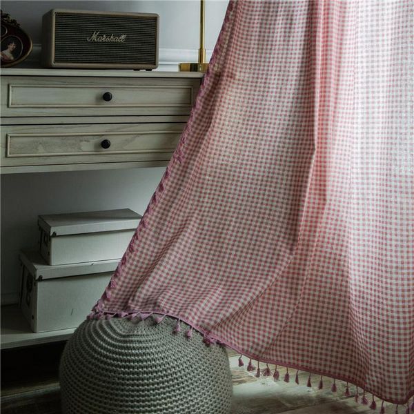 

curtain & drapes curtains for living room window bedroom pink plaid cotton and linen semi-shading with tassels