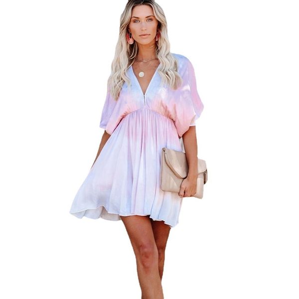 

women's dresses tie dyed deep v swing bat sleeve, Black;gray