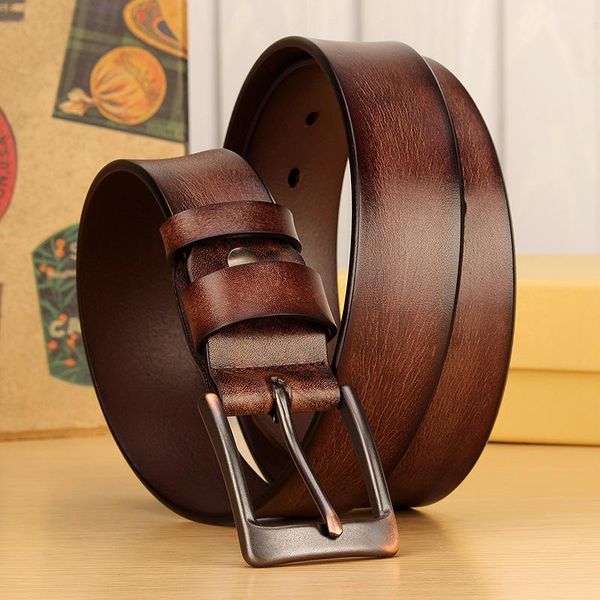 

belts men's fashion casual retro manual creativity cowhide leather pin buckle men youth business alloy plate jeans belt, Black;brown