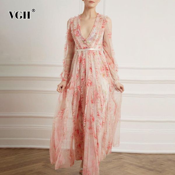 

vgh sweet pink print dress for women v neck lantern long sleeve high waist ruched slim midi dress female summer fashion new 210421, Black;gray