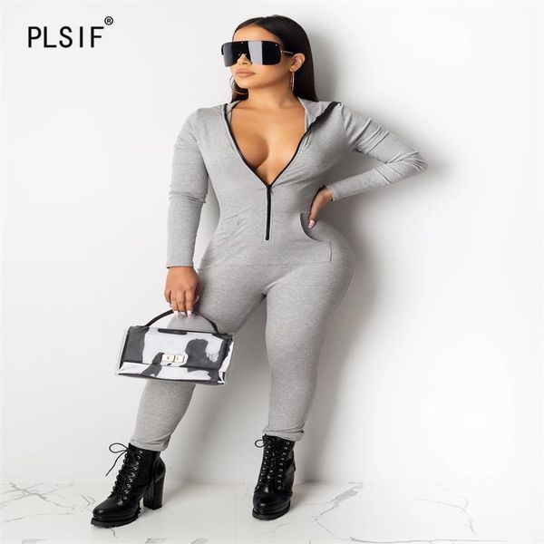 

women's jumpsuits & rompers gray hooded long sleeve simple women one piece set slim overall full length casual sports, Black;white