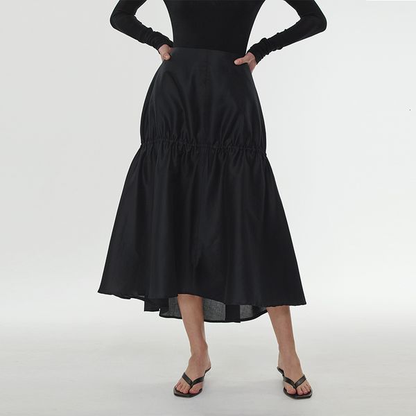 

skirts asymmetry black midi skirt women high waist simple pleated skirts