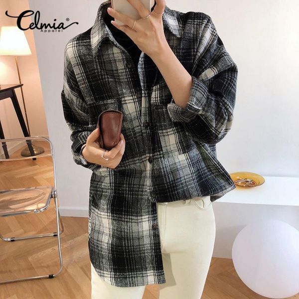 

celmia women office lady buttons shirt fashion lapel plaid shirts 2021 loose long sleeve blouses vintage holiday blusas 7 women's &, White
